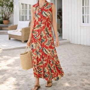 Vintage SAG Harbor Silk Tropical Maxi Dress Red Hawaiian Sleeveless Womens Large